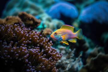 A yellow and orange regal fish in coral reef. 