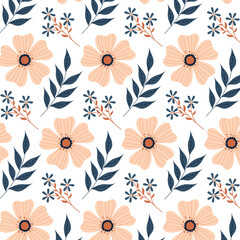 Botanical pattern on a transparent background. Decorative flowers and twigs in flat style. Seamless pattern for textile, wrapping paper, background.