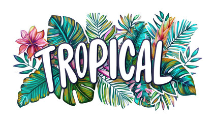 Hawaii word lettering with plants and flowers, summer holiday banner