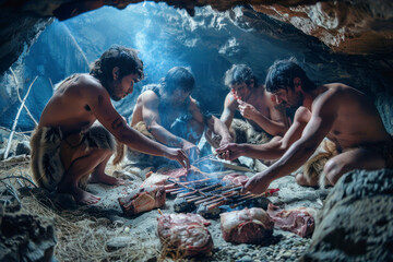Tribe of Prehistoric Hunter-Gatherers Wearing Animal Skins Grilling and Eating Meat in Cave. - obrazy, fototapety, plakaty
