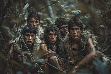 Tribe of Prehistoric Hunter-Gatherers Wearing Animal Skins Grilling and Eating Meat in Cave.