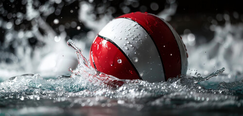 Red and white volleyball making a splash in water with a dark backdrop.