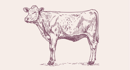 Cow, bull, beef. Vintage retro print, black white cow, bull, beef sketch ink pencil drawing, engrave old school. Sketch artwork silhouette cow bull. Side view profile beef bull. Vector Illustration