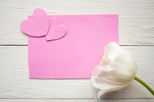 Pink mockup blank decorative with hearts and white tulip. love concept
