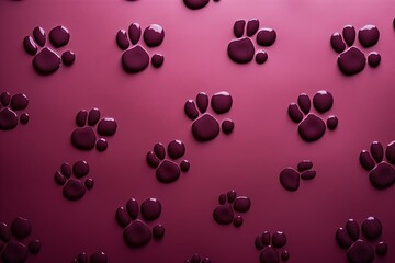 Maroon paw prints on a background, minimalist backdrop pattern with copy space for design or photo, animal pet cute surface 