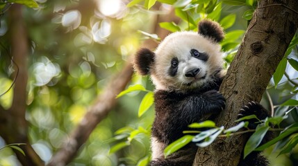 Adorable and funny panda relaxing and sitting on green tree in the forest