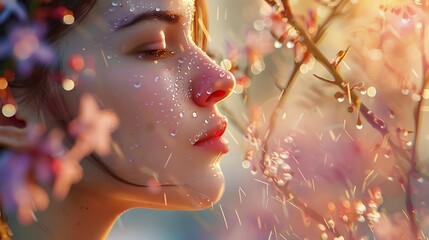 Morning dew glistens like diamonds under the gentle gaze of a woman's smile, illuminating the dawn with hope