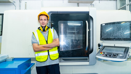 Manufacturing industry factory manufacturing technology concept. Portrait of Caucasian man engineer worker in safety wear working and maintaining control CNC lathe machine system in factory plant room