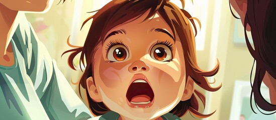 A cartoon baby girl with a surprised look on her face, featuring wide eyes, a big smile, and flushed cheeks. Her hand is raised in a gesture of amazement, with mascara on her long eyelashes