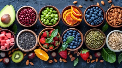   A colorful array of fruits, veggies, and nuts displayed on a dark surface against a blue background