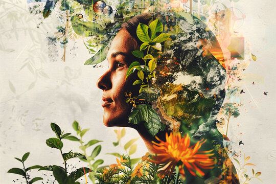 Woman head in modern collage of illustrations and photos on the theme of Earth Day, ecology