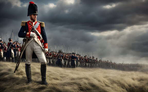 Napoleonian soldier with his rifle and uniform against the plains of Iena filled with Prussian and French soldiers fighting and cannons