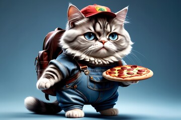 pizza delivery man, hardworking cat delivers pizza - obrazy, fototapety, plakaty