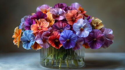   A vase brimming with vibrant blooms resting on a white countertop adjacent to a warm brown backdrop