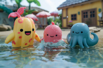 Adorable Cartoon Character Toys Splashing in Water Pool