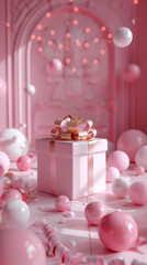 Elegant Pink Birthday Celebration with Decorative Gift Box and Balloons