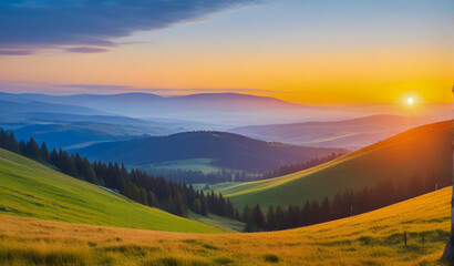 Naklejka na ściany i meble Beautiful nature landscape during sunset, sunrise, Europe, Czech Republic, mountains, hills, Krkonose, wide landcape
