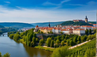Panorama or skyline or cityscape of historical city Melnik with historical castle and river Vltava and famous vineyards. Melnik is 30 km north of Prague