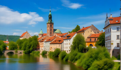Cesky Krumlov (Czech Krumlov), Czech Republic. Antique town on river Vltava. Picturesque landscape with cosy colourful houses on banks among green trees. Sunny summer day with blue sky and clouds.