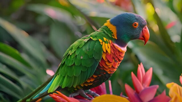 Close-up of a colorful parrot perched on a vibrant tropical flower, detailed texture of feathers, in a lush rainforest