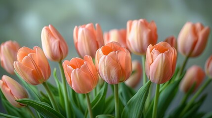   A vase filled with pink tulips, featuring green stems in the foreground and a blurry background