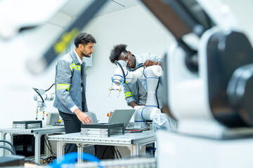 Naklejka premium Manufacturing, industry technology and science concept. Male technician engineer teamwork checking and maintenance electric robotic machine arm system with computer software in factory laboratory.