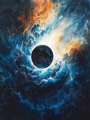 Watercolor eclipse scene, birds eye view, with a brilliant blue and white corona, on a dynamic, multihued background