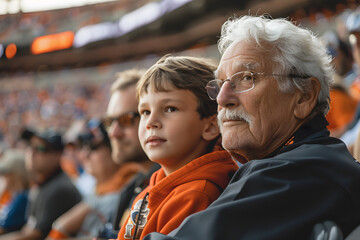 Grandfather and grandson at an outdoor football stadium among other fans watching the game