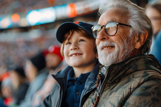 Grandfather and grandson at an outdoor football stadium among other fans watching the game