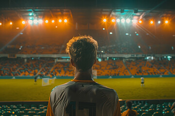 An epic night unfolds at a stadium as a young soccer player, back turned to the camera, stands ready under the spotlight for the kickoff