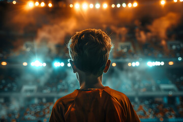 An epic night unfolds at a stadium as a young soccer player, back turned to the camera, stands ready under the spotlight for the kickoff - obrazy, fototapety, plakaty
