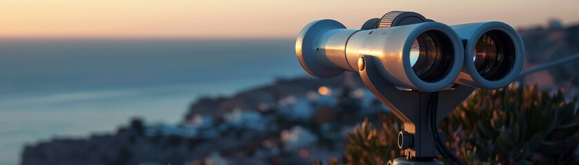 White optic binoculars overseeing a water conservation project, clear horizon, dusk light - obrazy, fototapety, plakaty