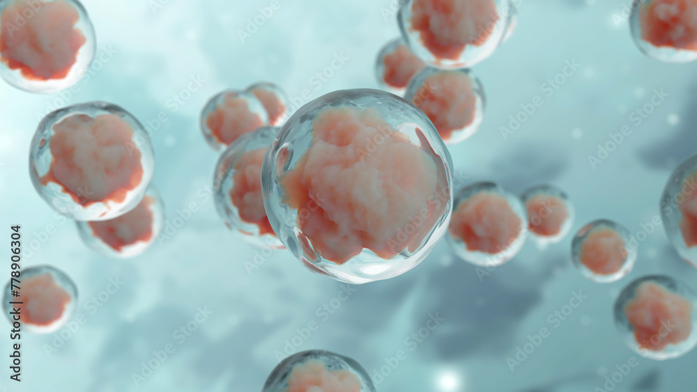 Wall mural abstract science background with 3d cells under microscope. 3d render illustration.