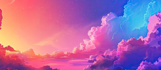 Tuinposter Capture the beauty of a natural landscape with a painting of a sunset featuring colorful clouds in shades of purple, pink, and violet against the dusk sky © AkuAku