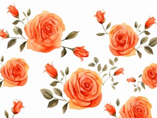 Coral roses watercolor clipart on white background, defined edges floral flower pattern background with copy space for design text or photo backdrop minimalistic 