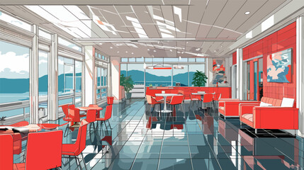 Drawing of a Restaurant With Red Chairs and Tables vector illustration 2d