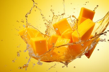mango cubes in the air. falling, flying pieces of fruit and a splash of juice. levitation. a frozen...
