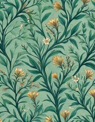Elegantly designed wallpaper featuring a vintage floral pattern with lush foliage and blooming flowers against a teal background