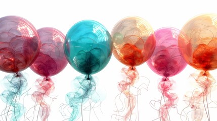   A line of multi-colored helium balloons bobbing in the sky against a pure white background - obrazy, fototapety, plakaty
