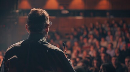 Keynote speech on future trends, captivated audience, medium shot, visionary insights low noise