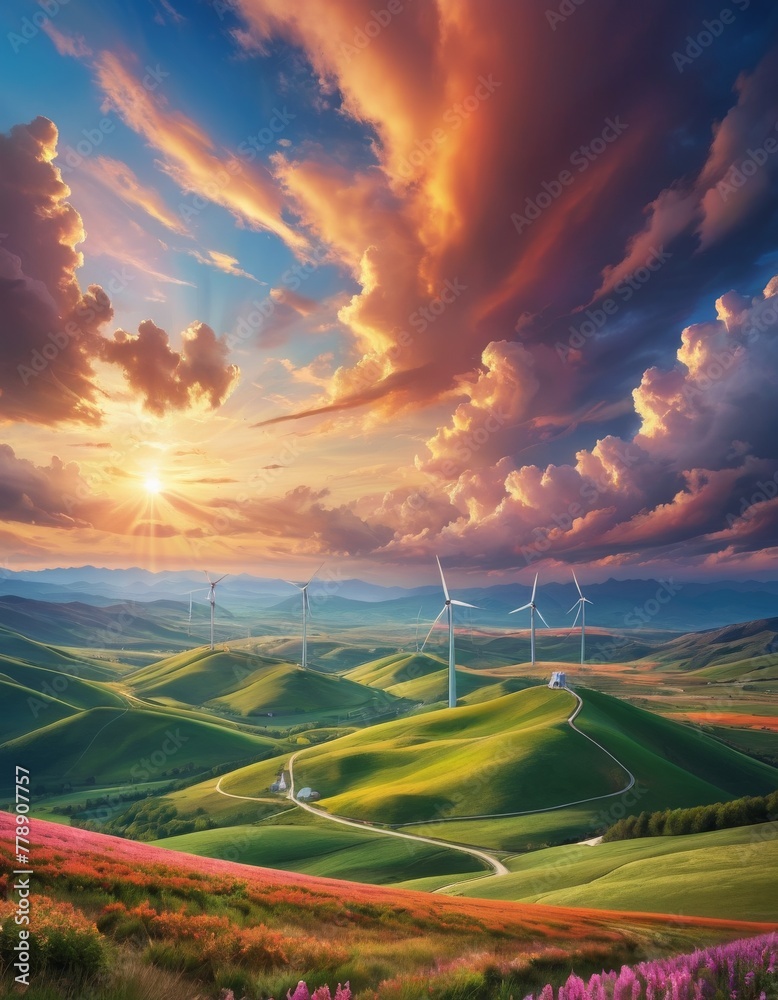 Wall mural an inspiring landscape depicting wind turbines amidst rolling green hills under a dramatic sunset, s