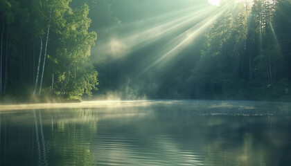 Misty lake in the woods, beautiful landscape. sun rays through the trees - obrazy, fototapety, plakaty