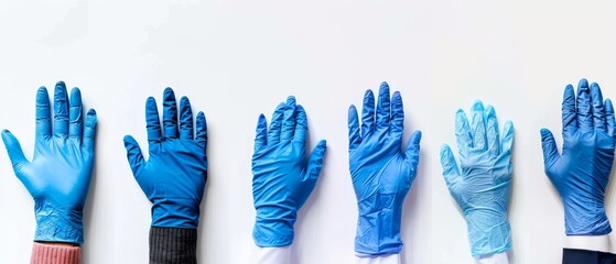 The pictures show doctors wearing blue nitrile rubber gloves separately on a white background.