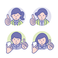 いいねポーズ、スマホを持った男女の学生の丸いアイコン【セット】