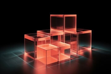 Coral glass cube abstract 3d render, on black background with copy space minimalism design for text or photo backdrop