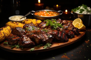 grilled meat with vegetables,Food photography restaurant, grilled meat and steak