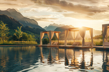 Sunset summer landscape with Infinity pool overlooking the green mountains.
