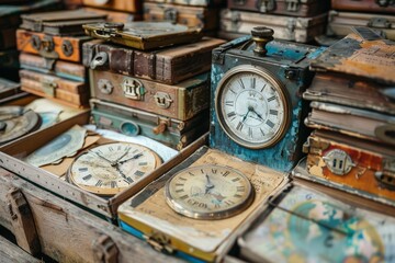 An array of vintage clocks and old books displayed on a market stall, capturing the essence of antiquity and timeless nostalgia