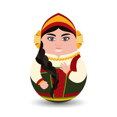 A Russian tilting toy on an isolated background. A Slavic woman in a kokoshnik and a multicolored sundress with embroidery. A tilting toy of modern design for your business project
