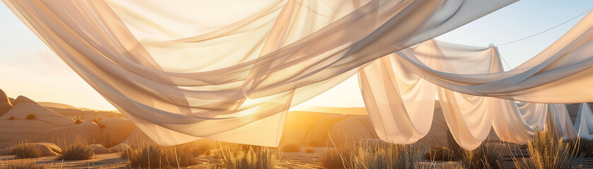 White optic fabric canopy collecting dew in a desert, golden hour, survival innovation - obrazy, fototapety, plakaty